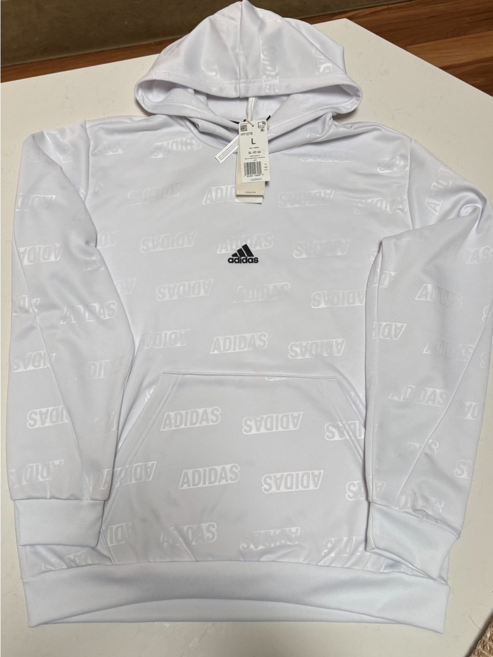 adidas Embossed All Over Graphic Love  Hoodie KANGAROO Pocket Sz L NWT FIRM - Picture 6 of 11